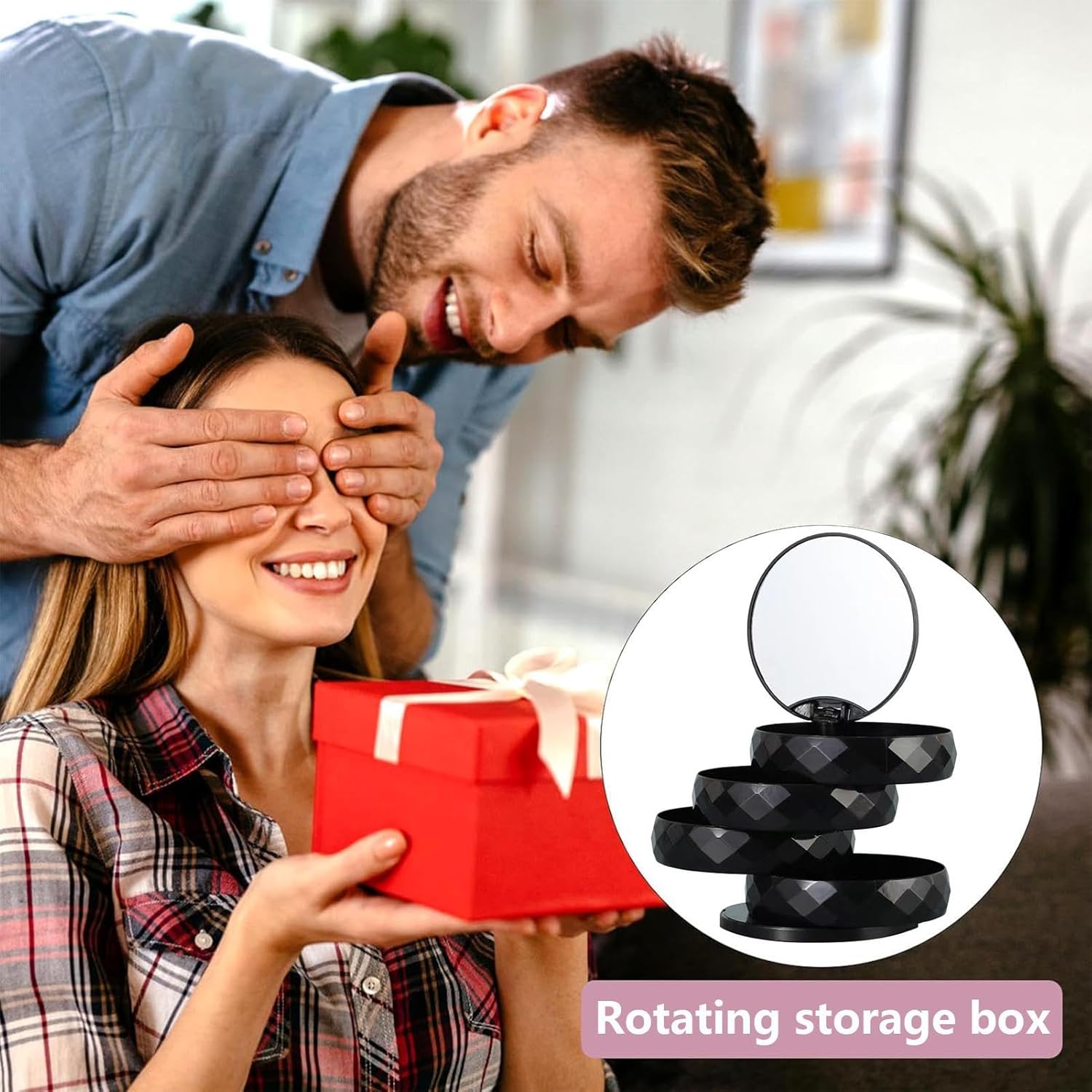 360° Rotatable Jewelry Organizer With Mirror-SA2411-52(Black) Cosmetic Organizer Apricot