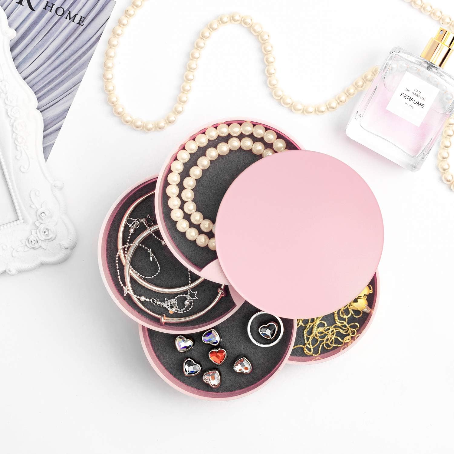 360° Rotatable Jewelry Organizer With Mirror-SA2408-191(Pink) Cosmetic Organizer Apricot