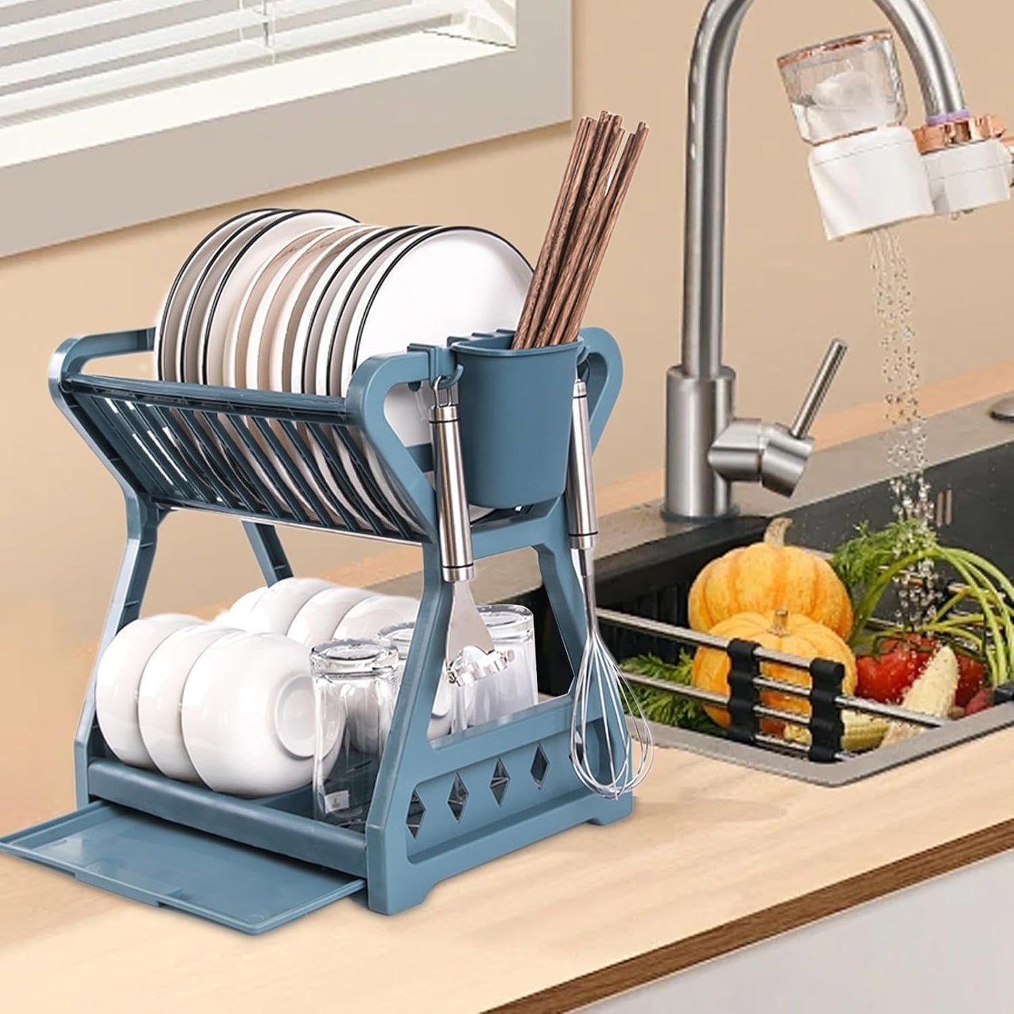 2-Tier-Dish Drying Rack & Utensil Holder(15254) Dish Rack Apricot