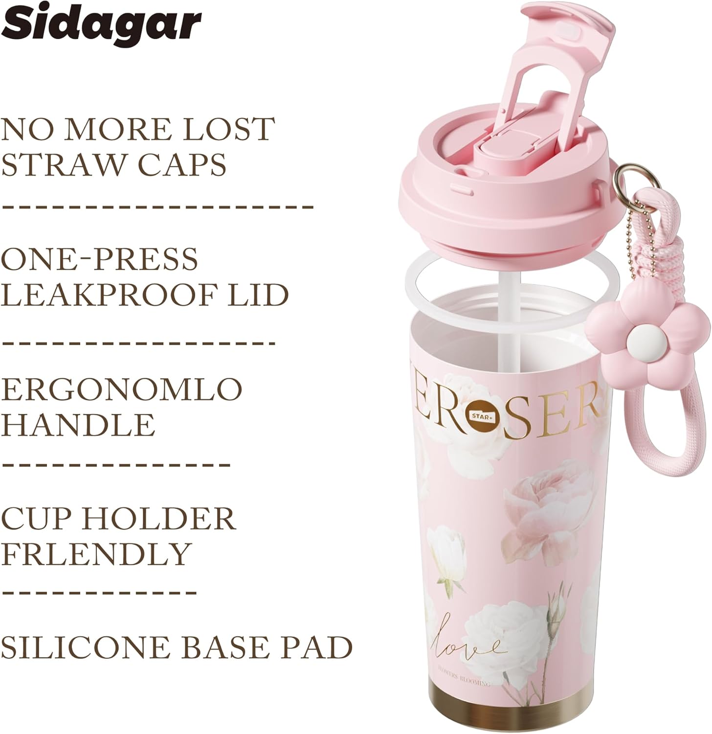 Stainless Steel Flower Coffee Mug- PINK(WITH Charm) Tumbler Apricot