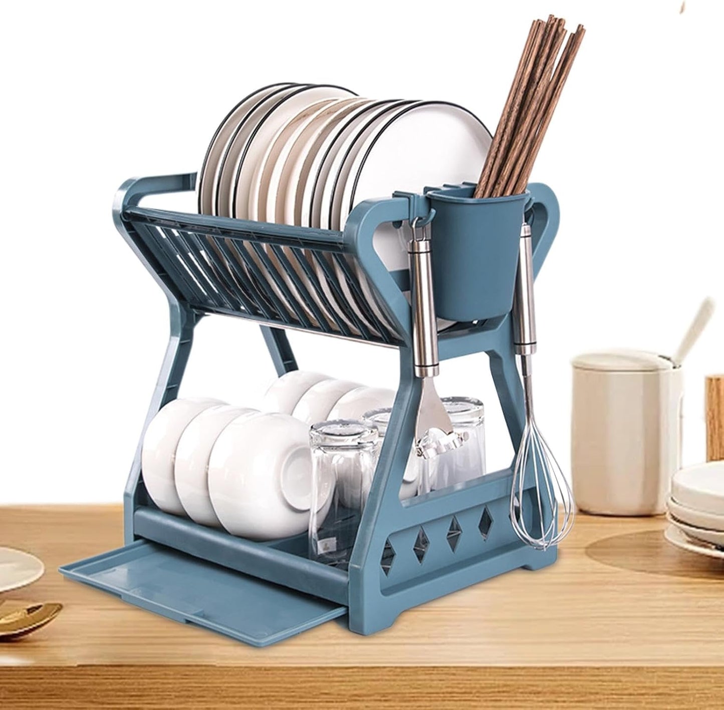 2-Tier-Dish Drying Rack & Utensil Holder(15254) Dish Rack Apricot