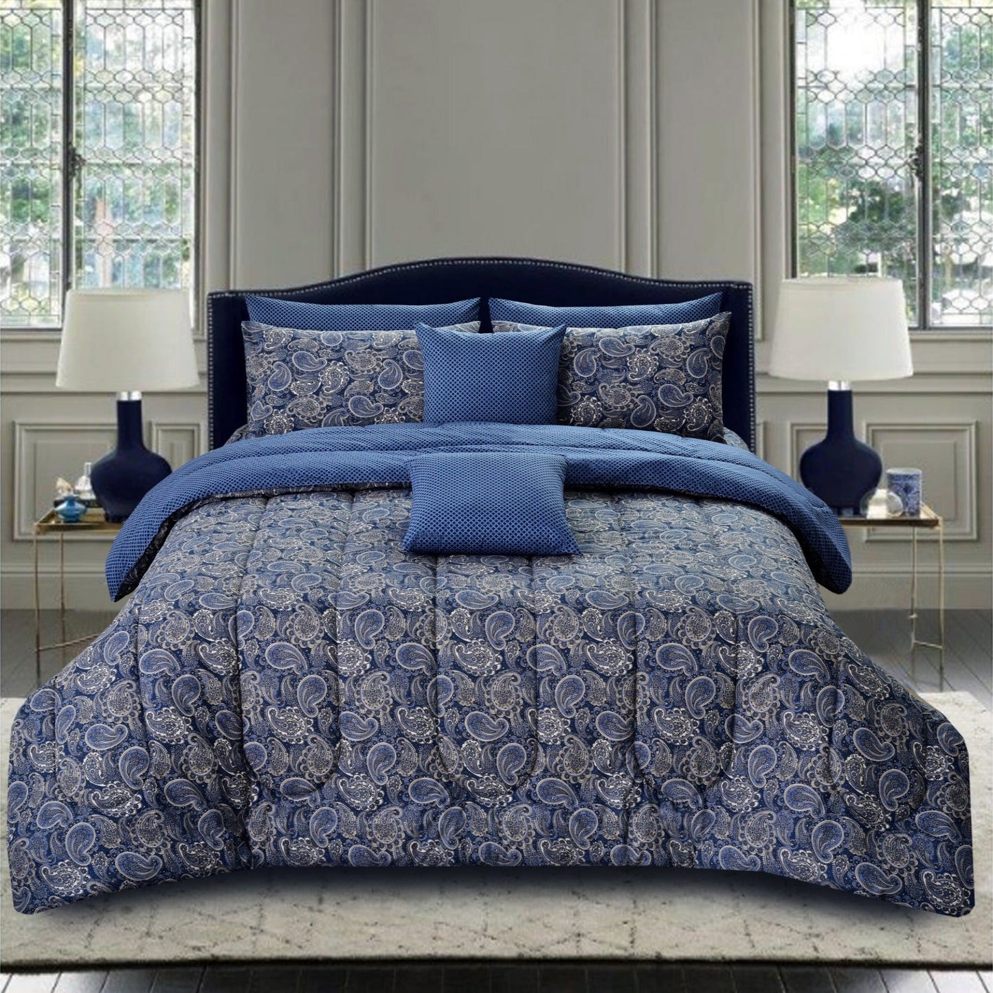 8 PCs Winter Comforter Set-Blue Paisley Apricot