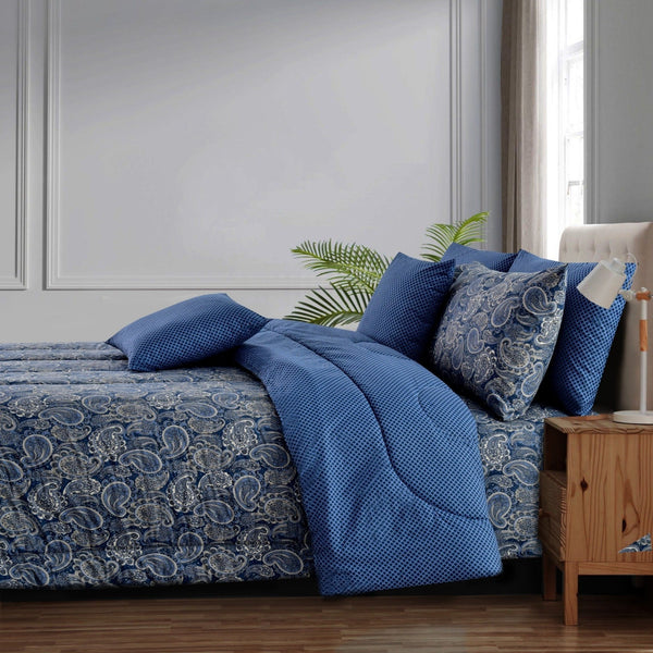 8 PCs Winter Comforter Set-Blue Paisley Apricot