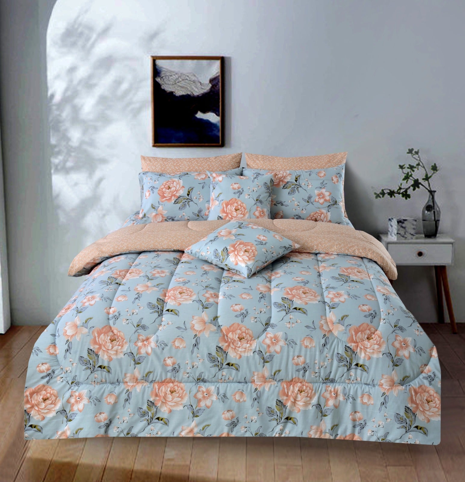 8 PCs Winter Comforter Set-Oriental Lilies Apricot