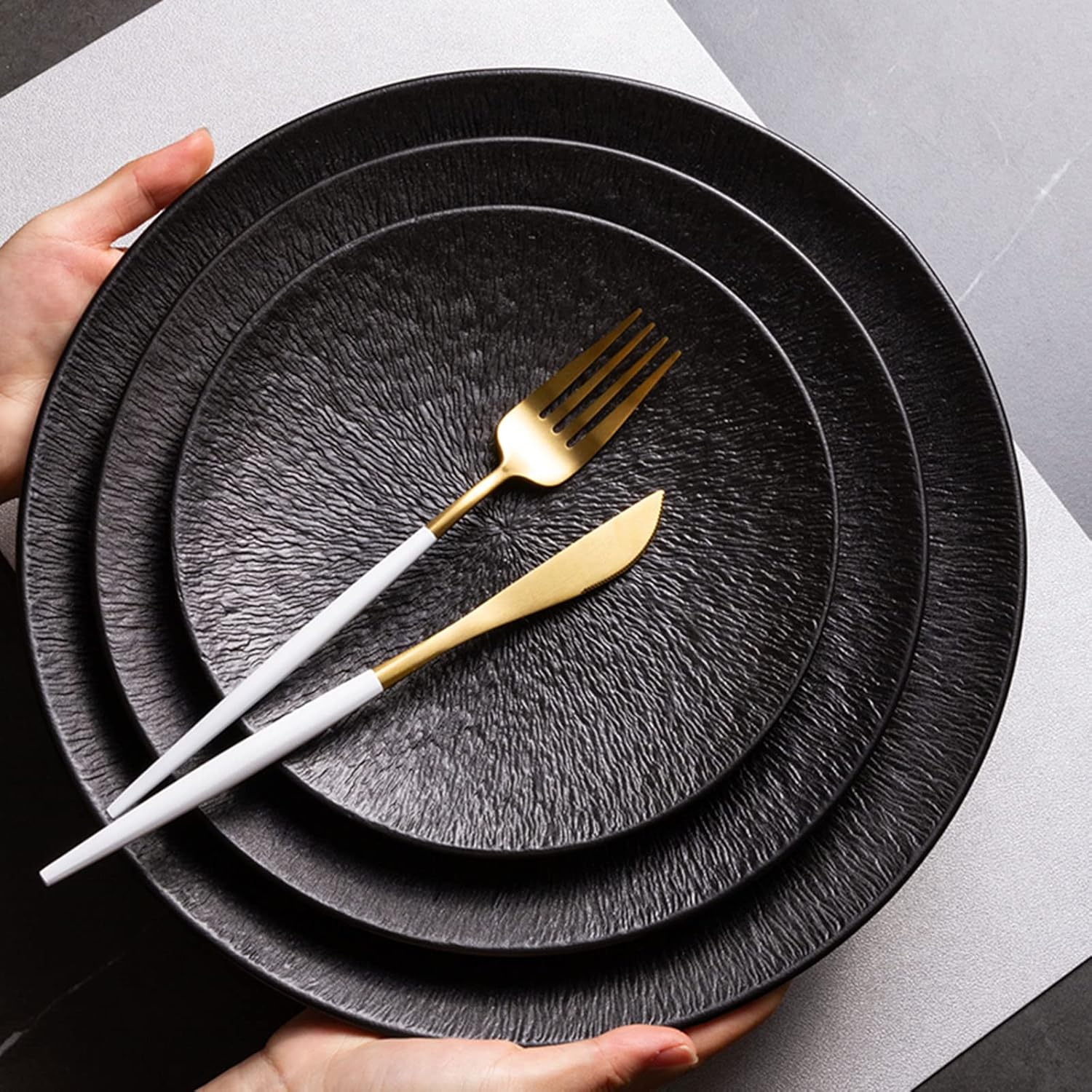 6 Creative Dining Plate with Stone Texture Pattern-Black cooking set Apricot