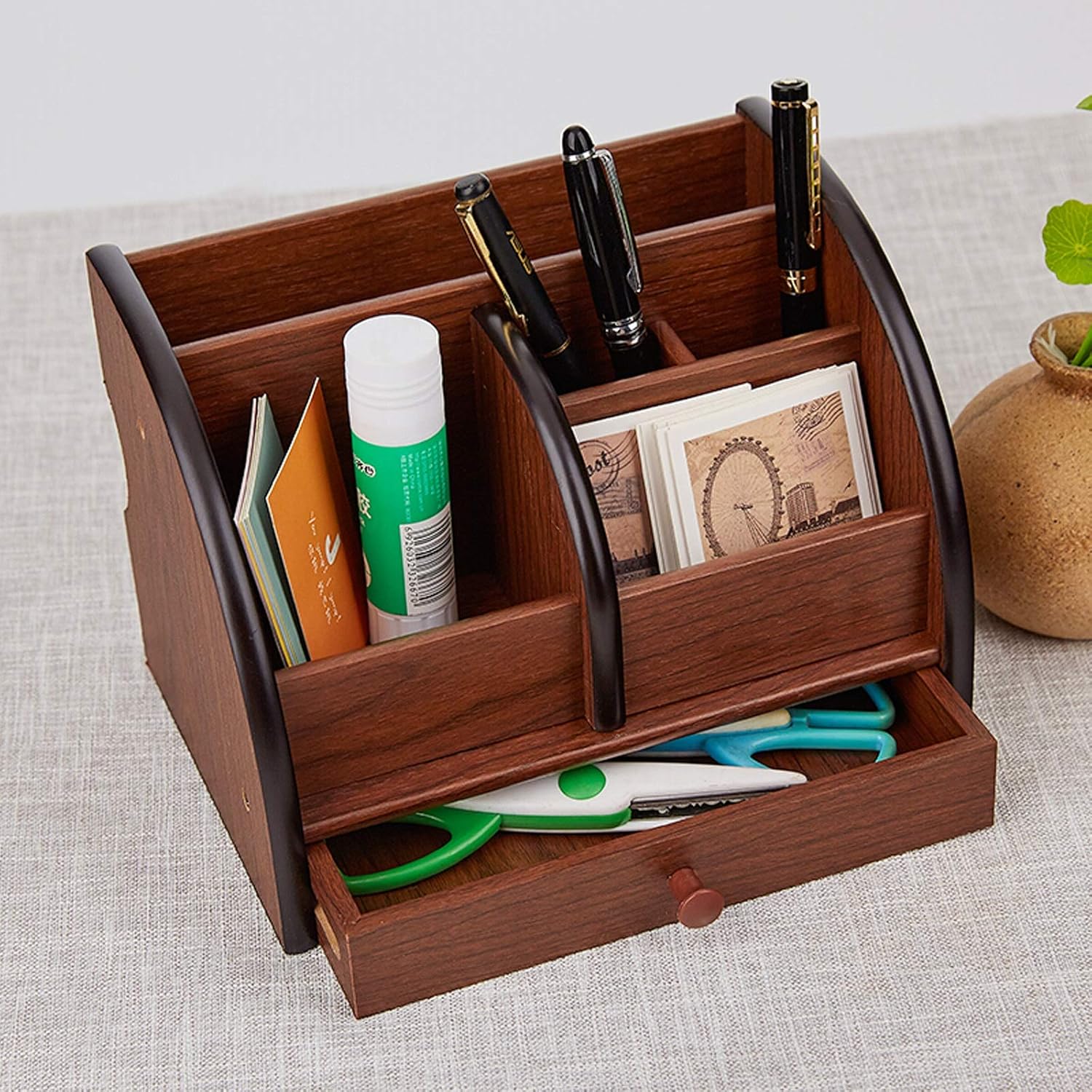 Multifunctional Wooden Pen/Pencil Holder Cosmetic Organizer Apricot