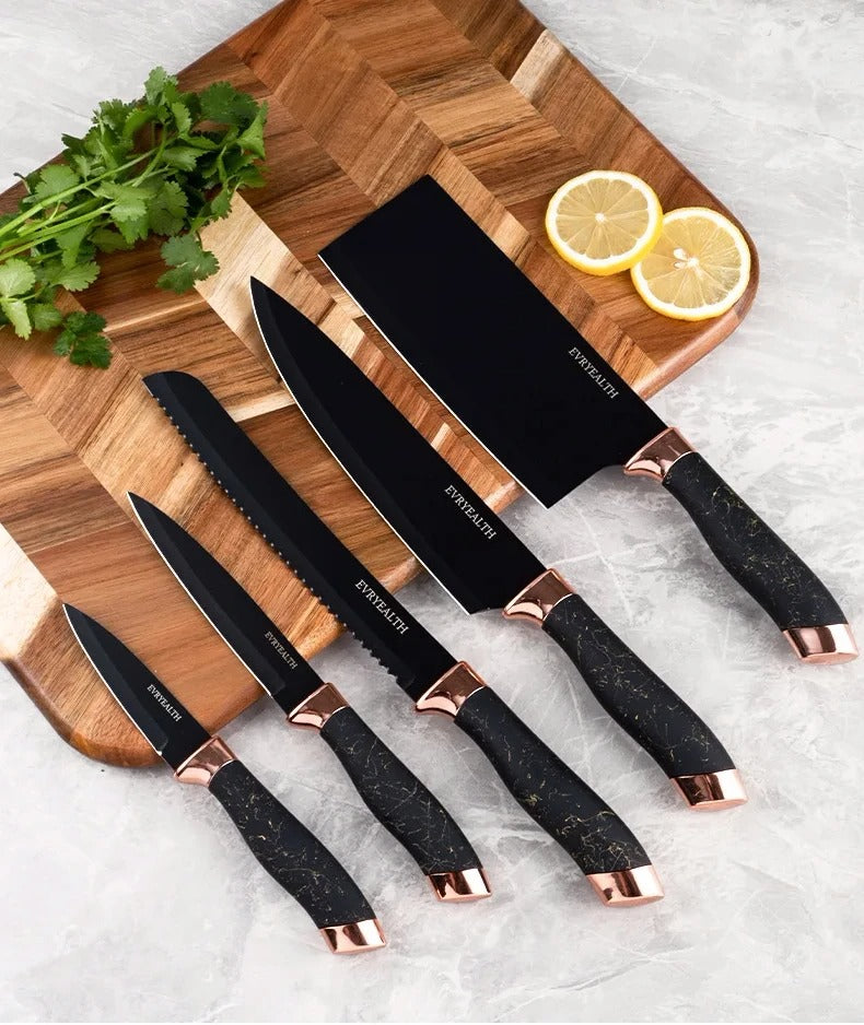 9 PCs Stainless Steel Luxury Knife Set-(5312)Grey Texture  Apricot   