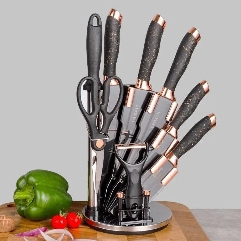 9 PCs Stainless Steel Luxury Knife Set-(5312)Grey Texture  Apricot   