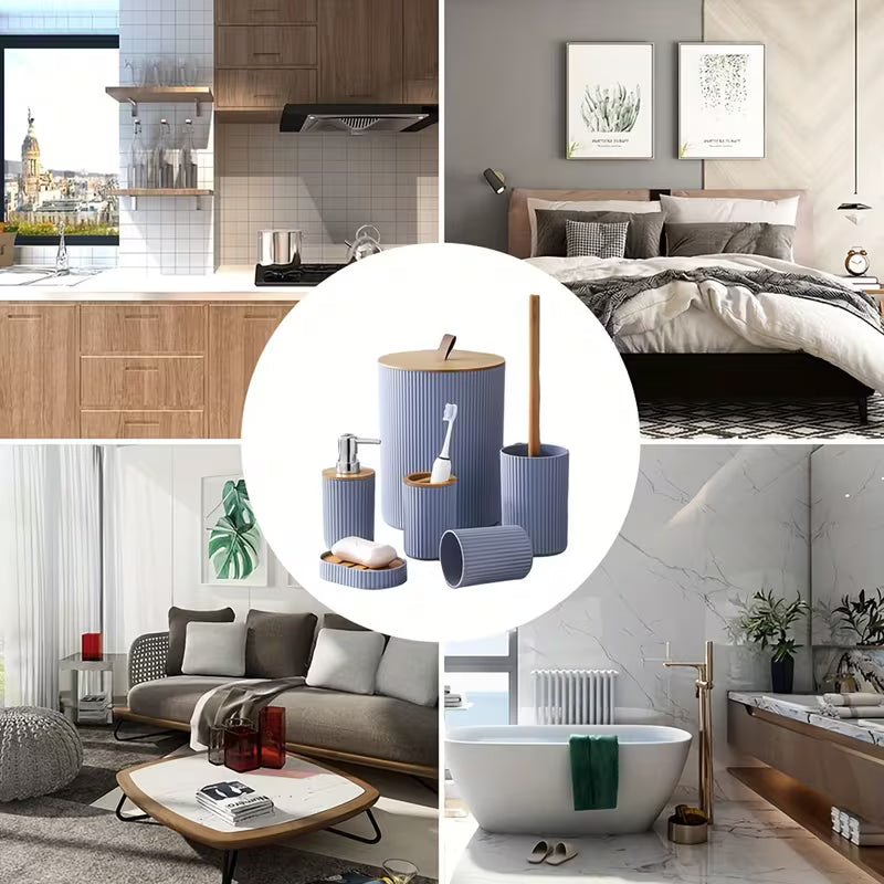 Wooden Lid PVC Bathroom Accessory Set-Stripes With Open Lid(Grey) Bathroom Accessory Sets Apricot