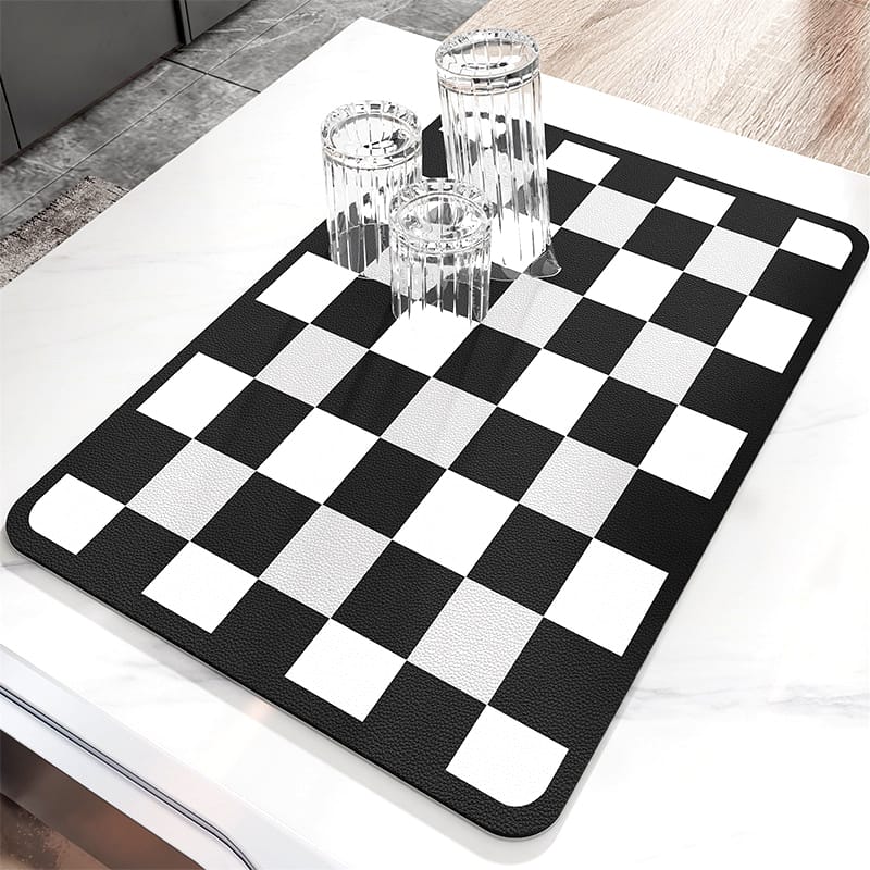 Anti Slip Dish Drying Mat-Black Chess Rugs Apricot