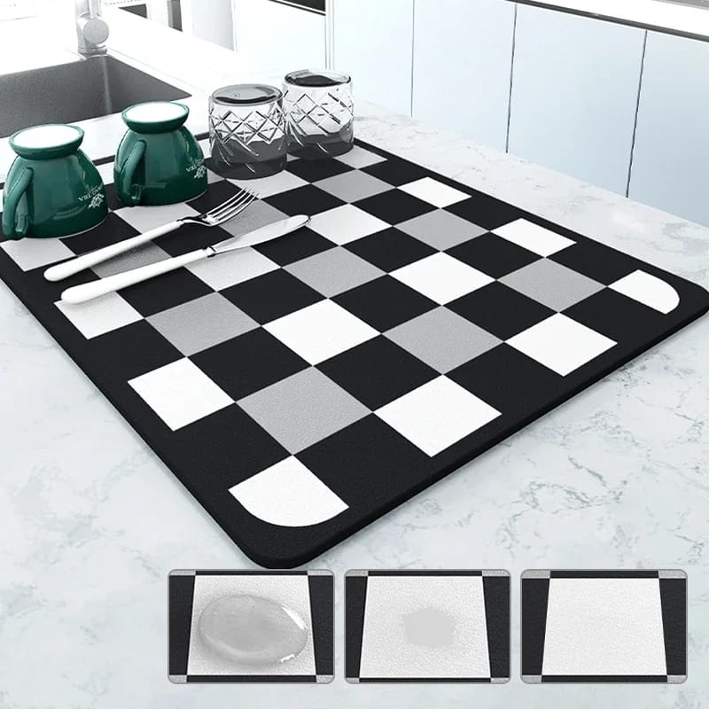 Anti Slip Dish Drying Mat-Black Chess Rugs Apricot