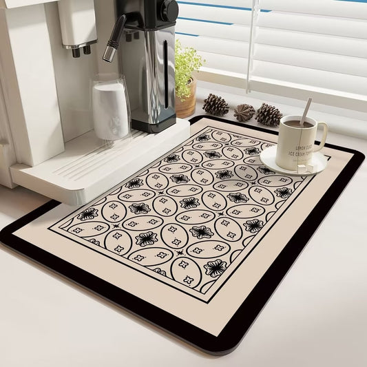 Anti Slip Dish Drying Mat-Black Flowers(5948) Rugs Apricot   