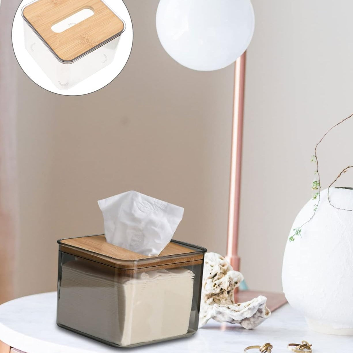 Bamboo Lid TIssue Paper Holder-(5309)Transparent Tissue Box Apricot   