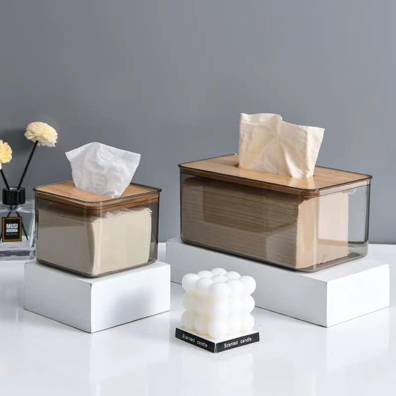 Bamboo Lid Tissue Paper Box-(5303)Large Transparent Tissue Box Apricot   