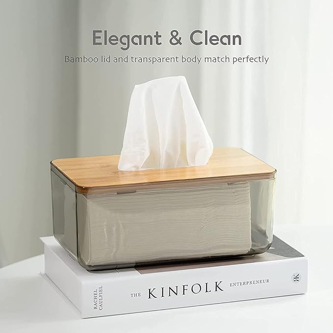 Bamboo Lid Tissue Paper Box-(5303)Large Transparent Tissue Box Apricot   