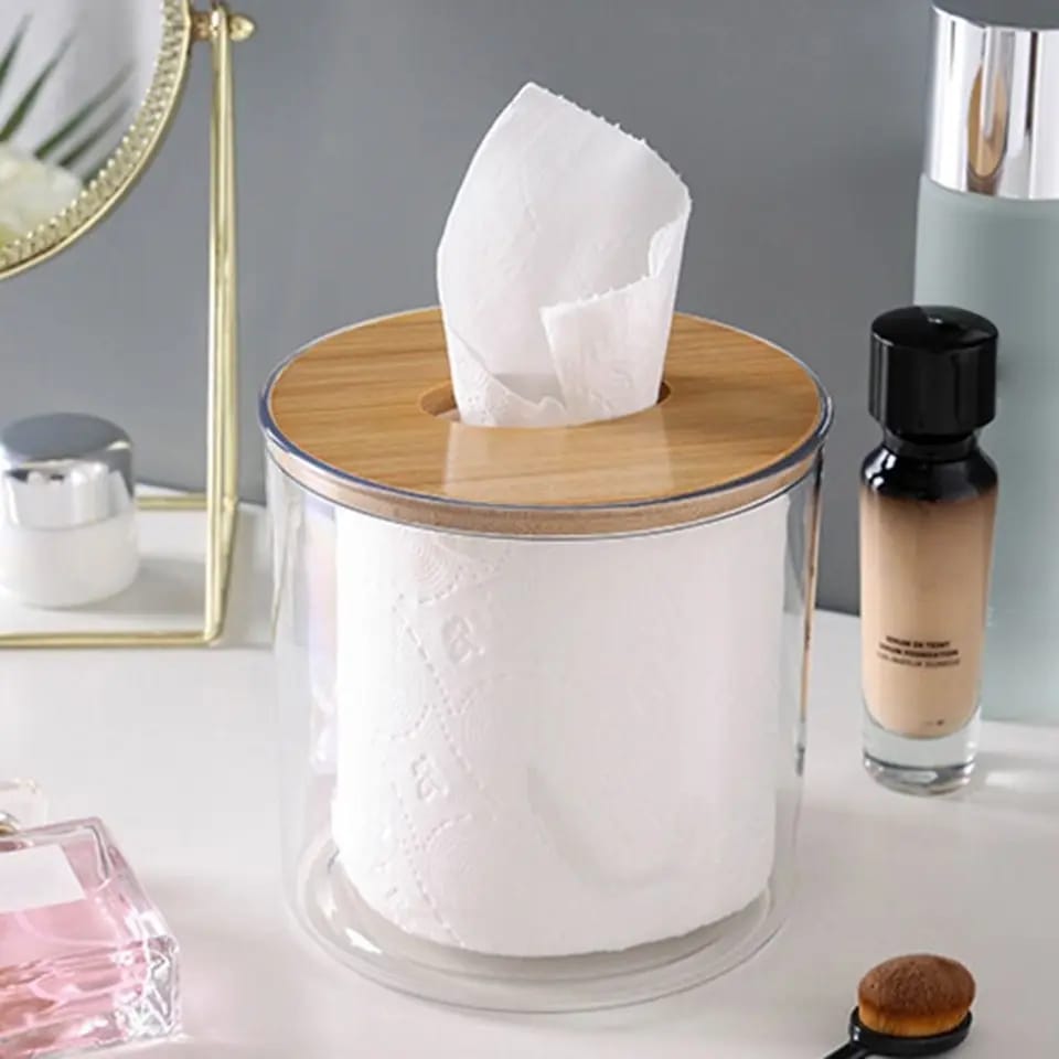 Bamboo Lid Toilet Paper Holder(5287)-Transparent Round Tissue Box Apricot   