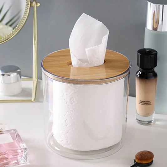 Bamboo Lid Toilet Paper Holder(5287)-Transparent Round Apricot