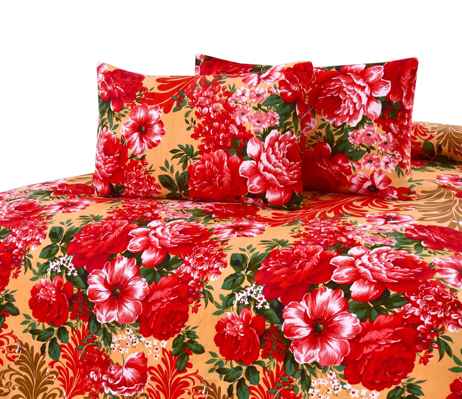 3 PCs Double Bed Sheet-Red Roses Bed Sheets Apricot