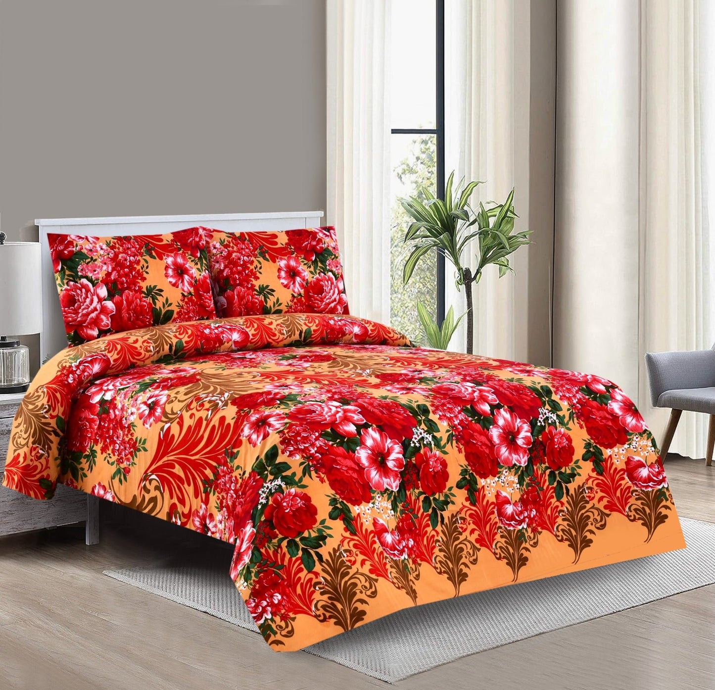 3 PCs Double Bed Sheet-Red Roses Bed Sheets Apricot