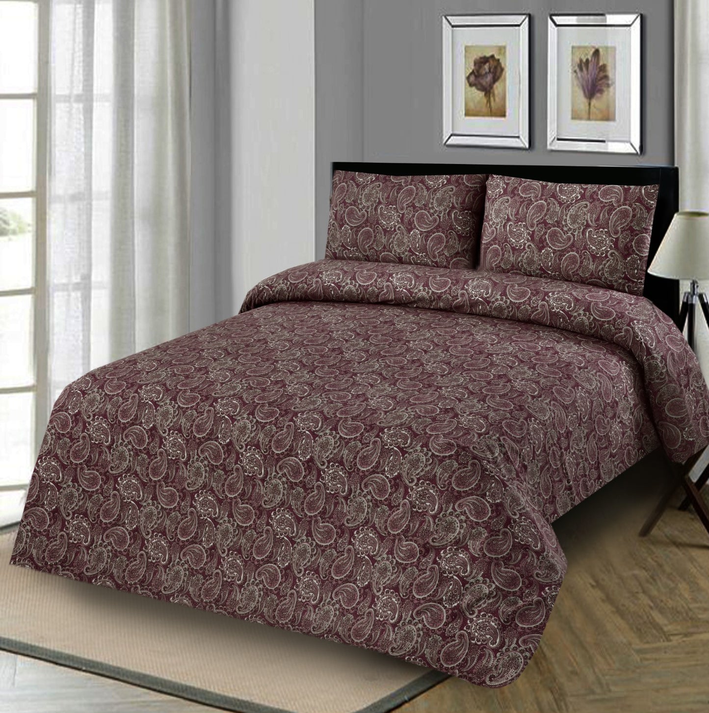 2Pcs Single Bed Sheet-Maroon Paisleys single bed sheet Apricot   