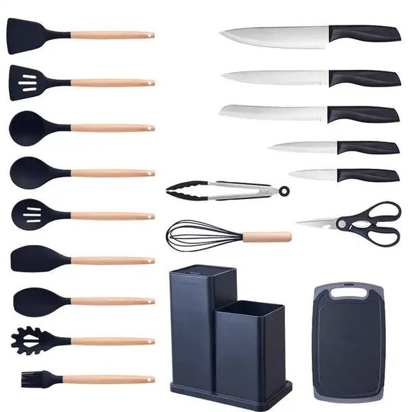 19 PCs Silicon Cooking & Knife Set With Board-(5313)Solid Black