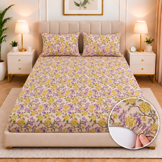 Cotton Fitted Bed Sheet- Golden Lilac