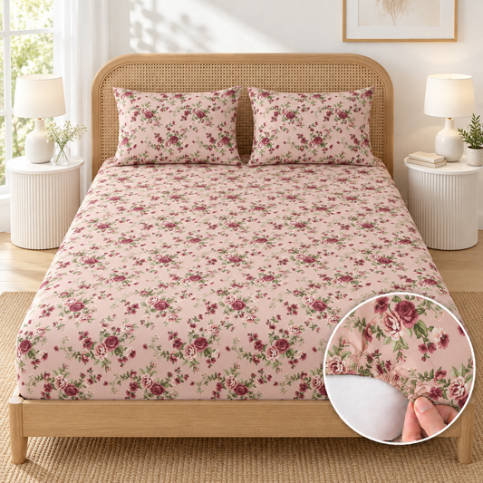 Percale Fitted Bed Sheet- Vintage Rose Fitted Sheets Apricot