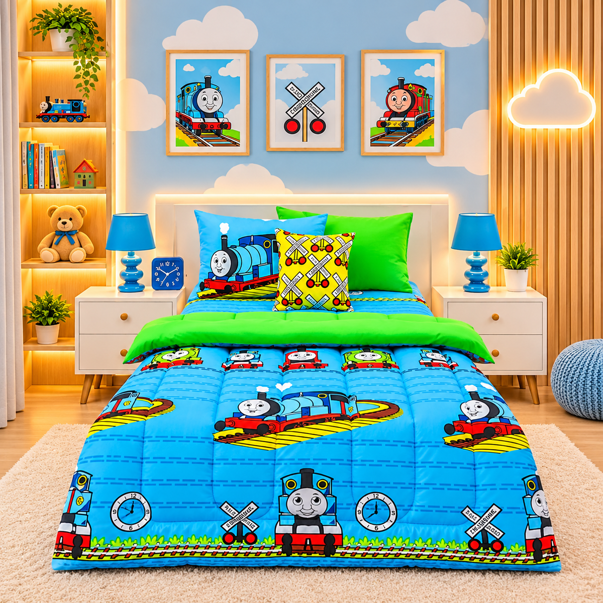 5 PCs Digital Single Razai Set- Chook Chook Train Comforters Apricot