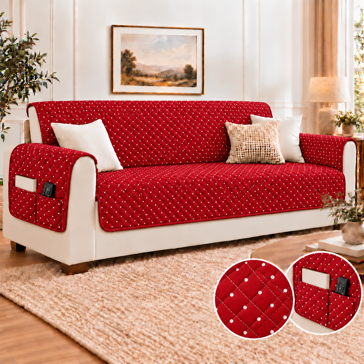 Sofa Cover-Maroon Polka With Pockets Sofa Cover Apricot