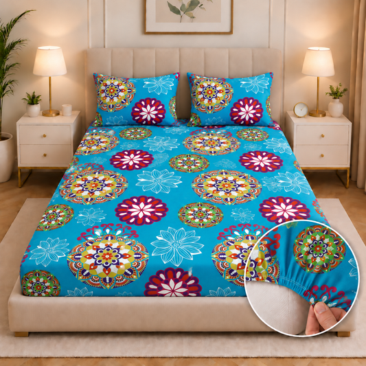 Fitted Bed Sheet-Turqoiuse Flower Fitted Sheets Apricot