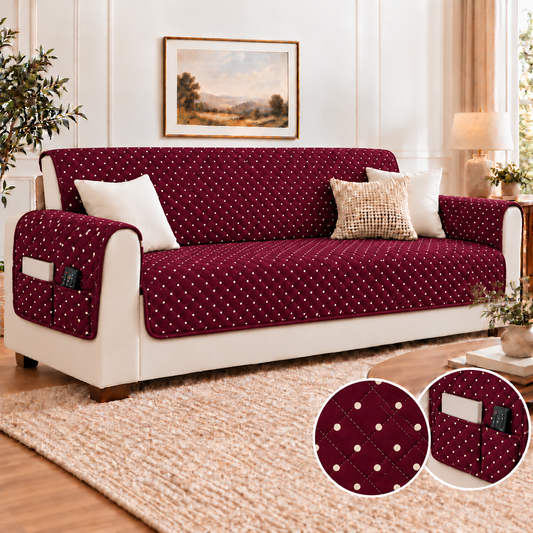 Sofa Cover-Plum Polka With Pockets Sofa Cover Apricot