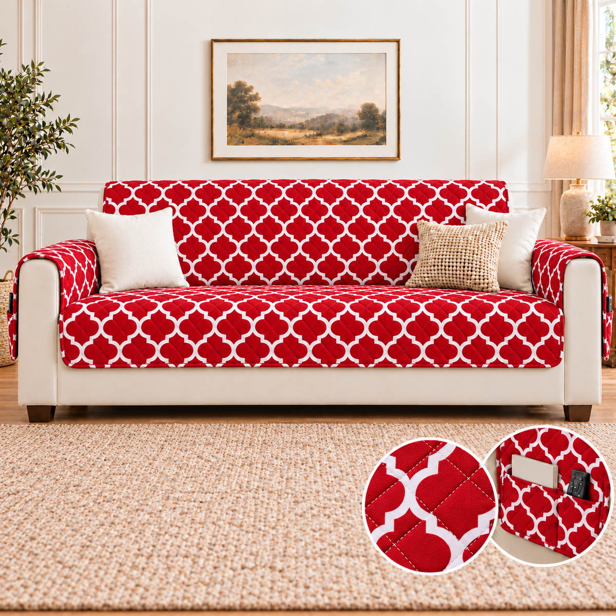 Ultrasonic Sofa Cover-Maroon Geometric With Pockets Sofa Cover Apricot