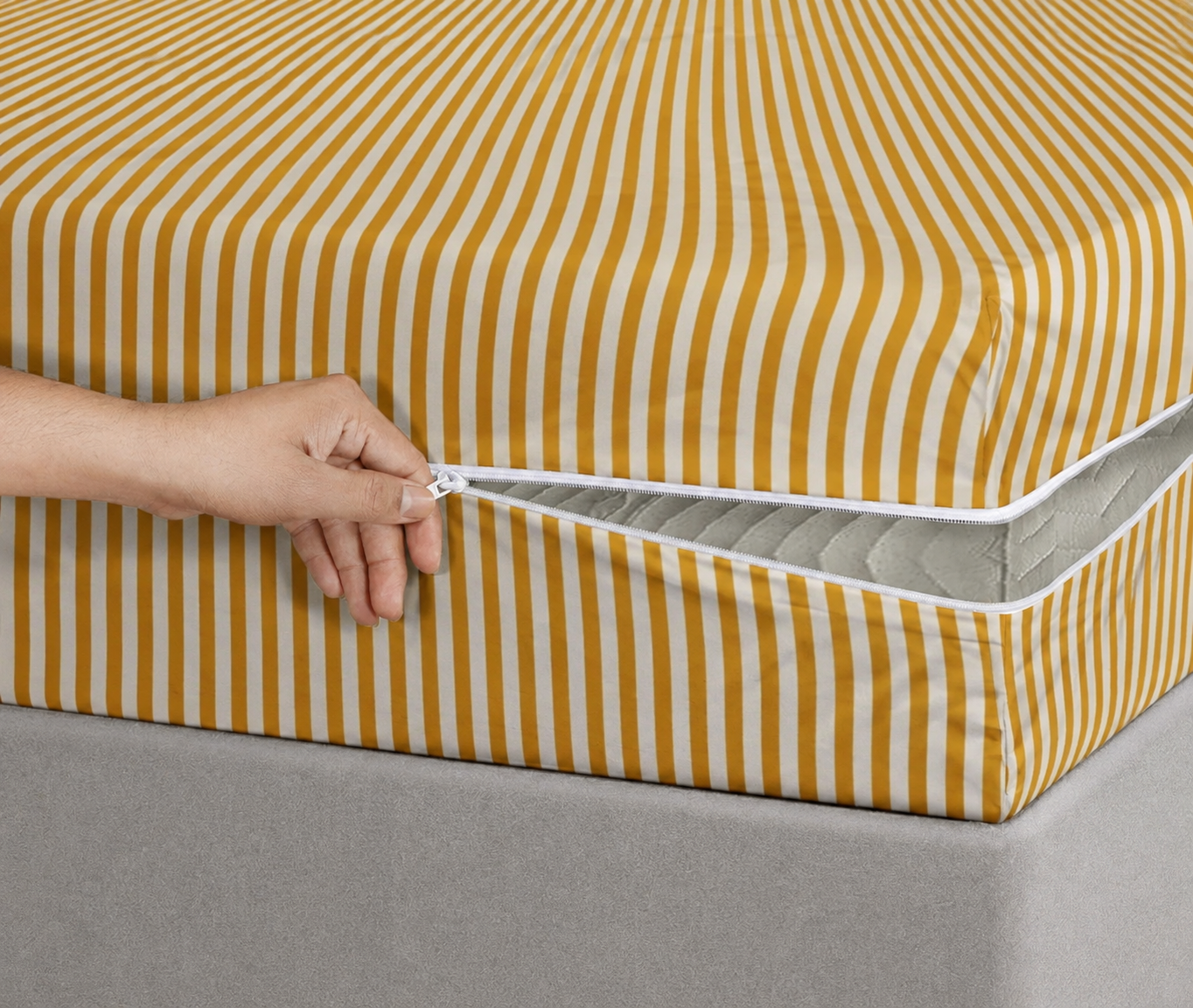 Zipper Mattress Cover Printed- Mustard Stripes