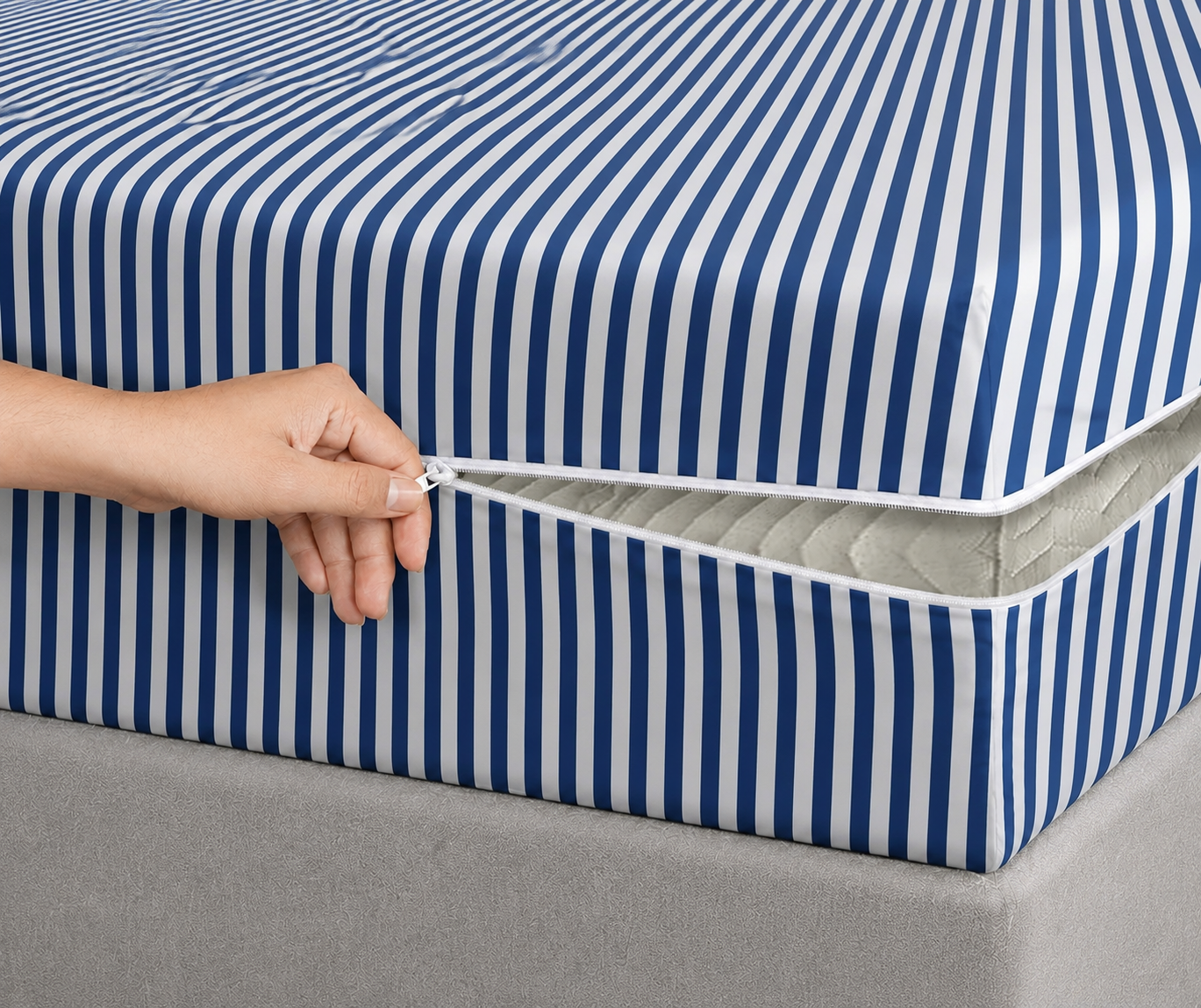 Zipper Mattress Cover Printed- Blue Stripes