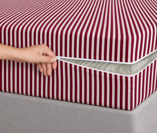 Zipper Mattress Cover Printed- Maroon Stripes Protectors Apricot