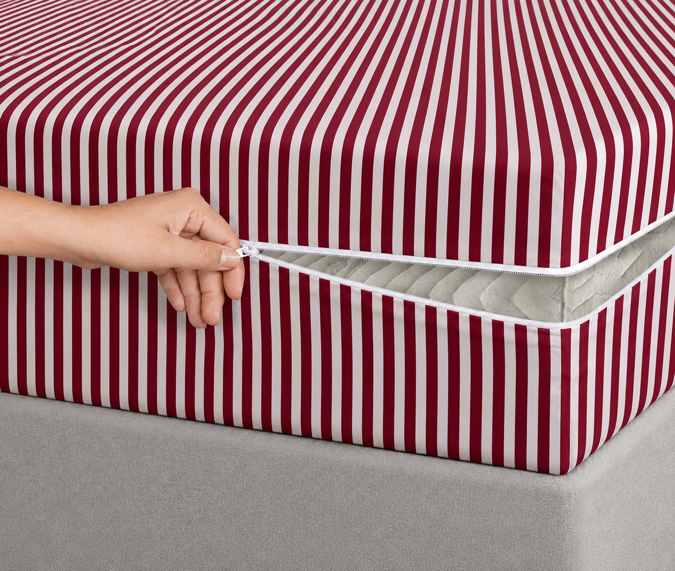 Zipper Mattress Cover Printed- Maroon Stripes