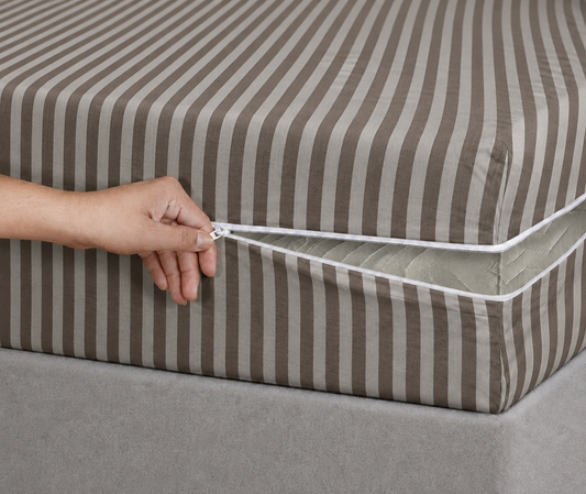Zipper Mattress Cover Printed- Brown Stripes Protectors Apricot