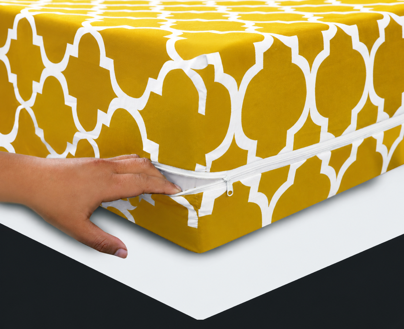 Zipper Mattress Cover Printed- Mustard Geomtric Protectors Apricot