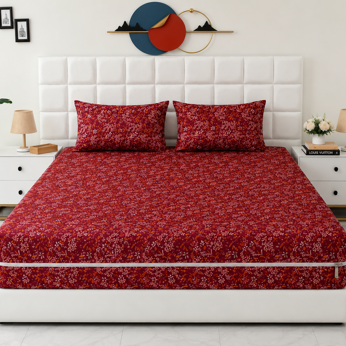 Zipper Mattress Cover Printed-  ROYAL GARNET