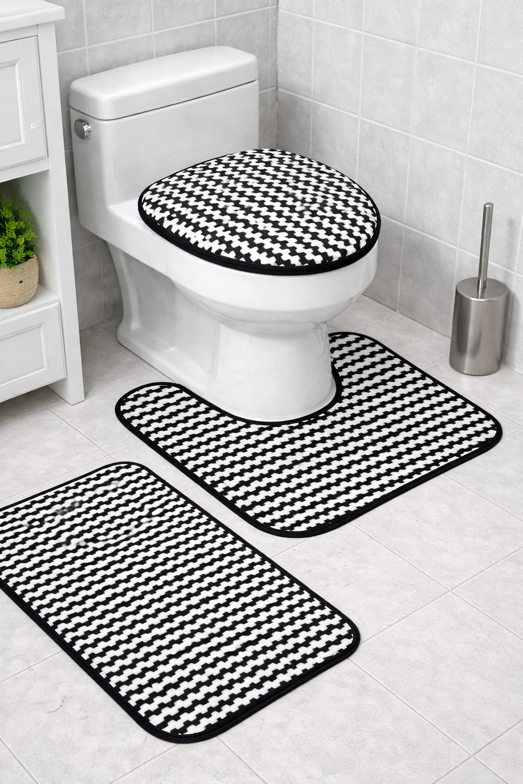 3 PCs Non Skid Suction Mat-Black ZigZag Bath Mats Apricot