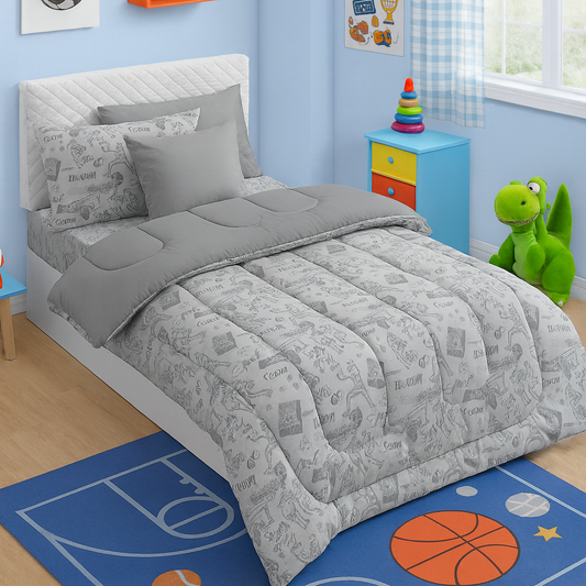 5 PCs Single Kids Comforter Set-Football Ground Comforters Apricot