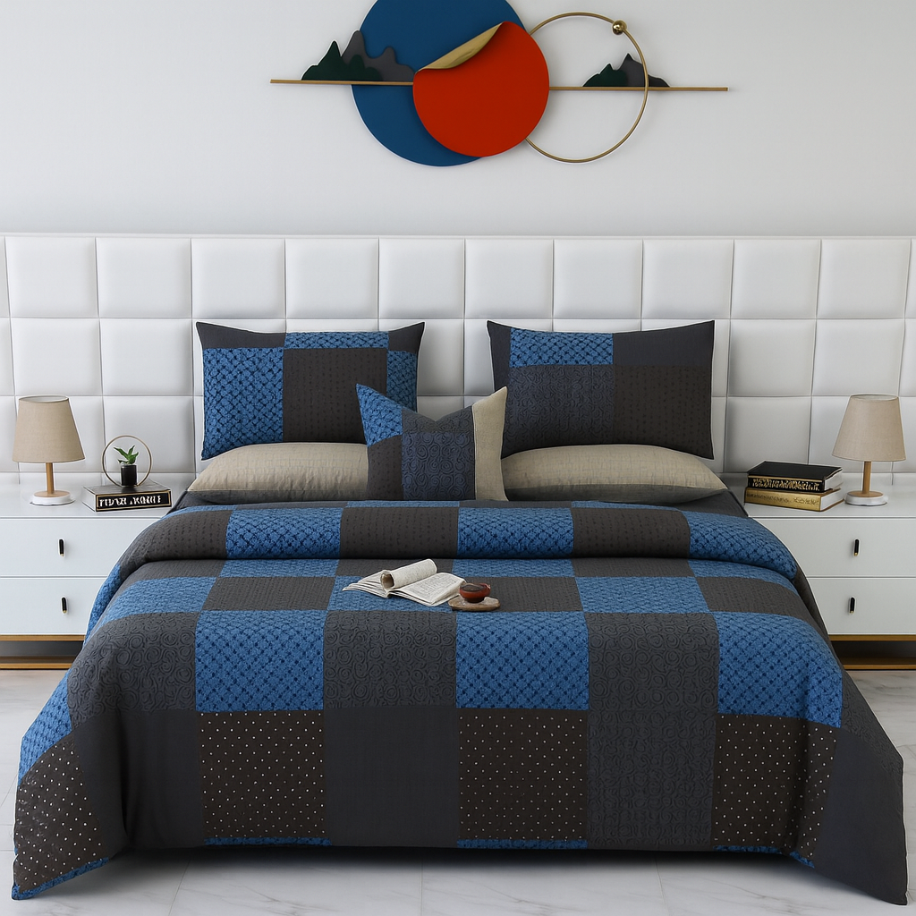 Duvet Cover-Indigo Patchwork Bed Sheets Apricot