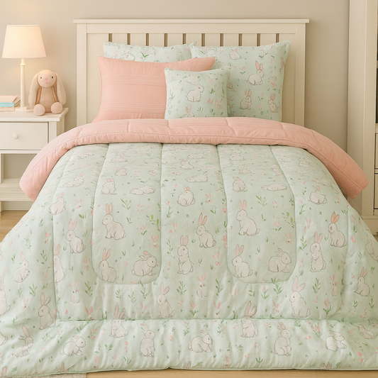 5 PCs Single Kids Razai Set-White Bunny Comforters Apricot