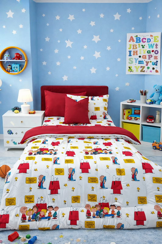 5 PCs Single Kids Razai Set-Cartoons Party Comforters Apricot