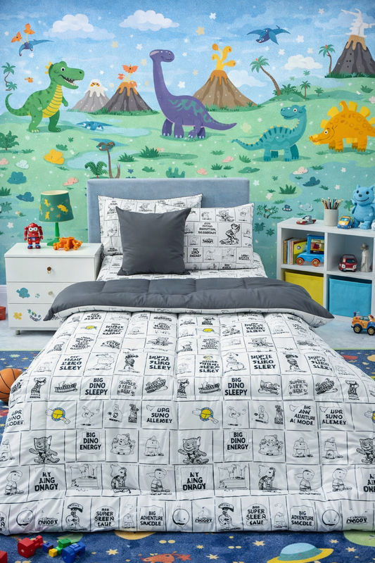 5 PCs Single Kids Razai Set-Big Dino Comforters Apricot