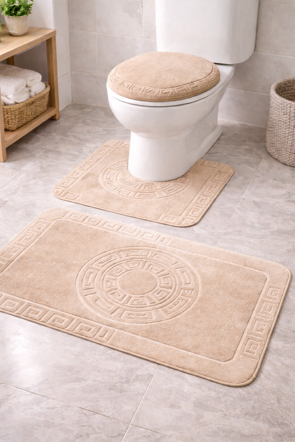 3 PCs Non Skid Suction Mat-Versace Khakki Bath Mats Apricot