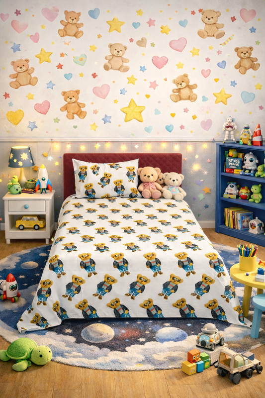 2Pcs Single Bed Sheet-Teddy Bear(Brown) single bed sheet Apricot