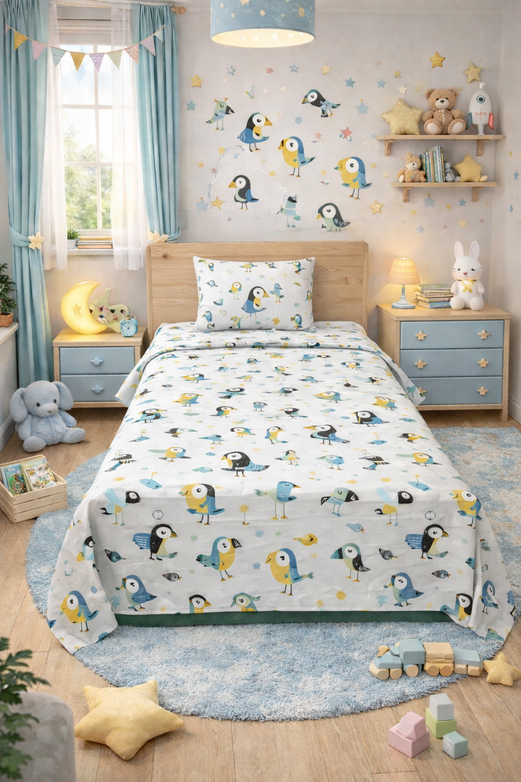 2Pcs Single Bed Sheet-Birds single bed sheet Apricot