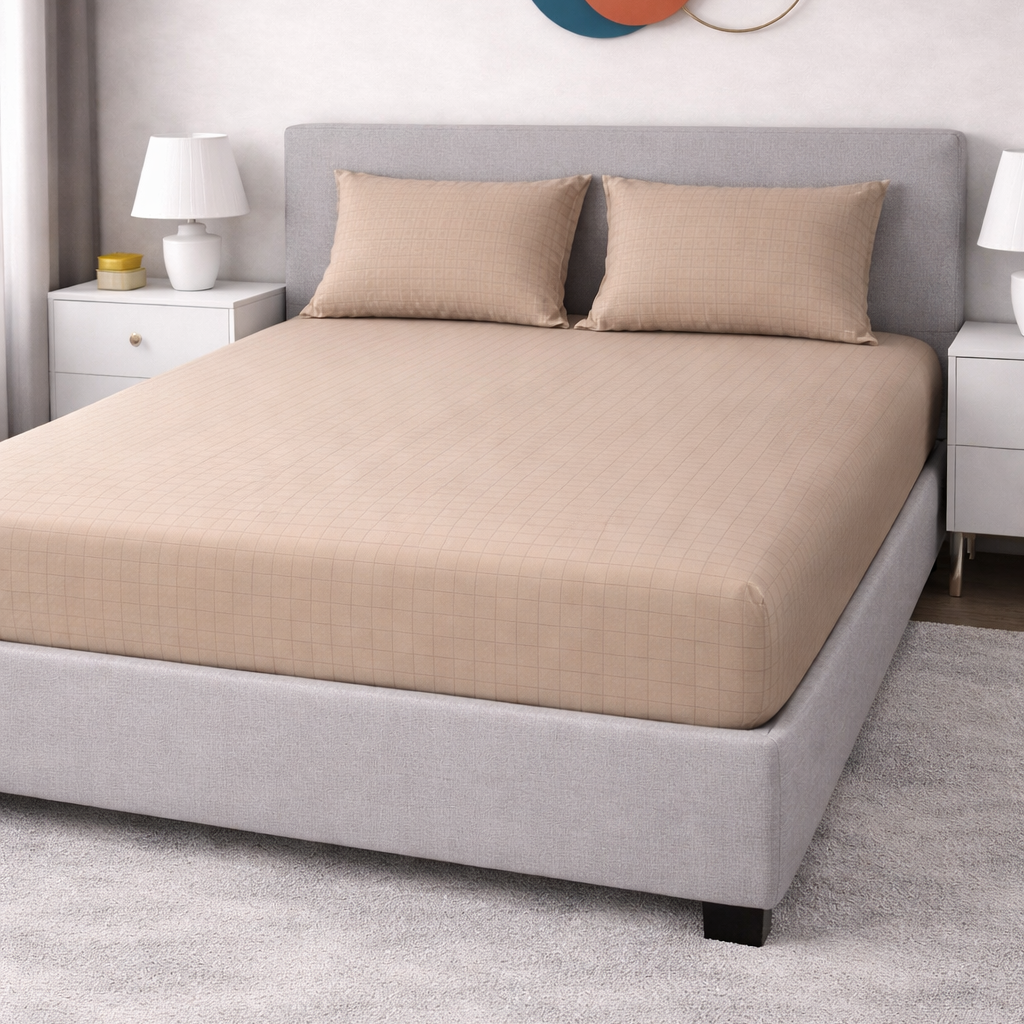 Fitted Bed Sheet-Brown Check Fitted Sheets Apricot