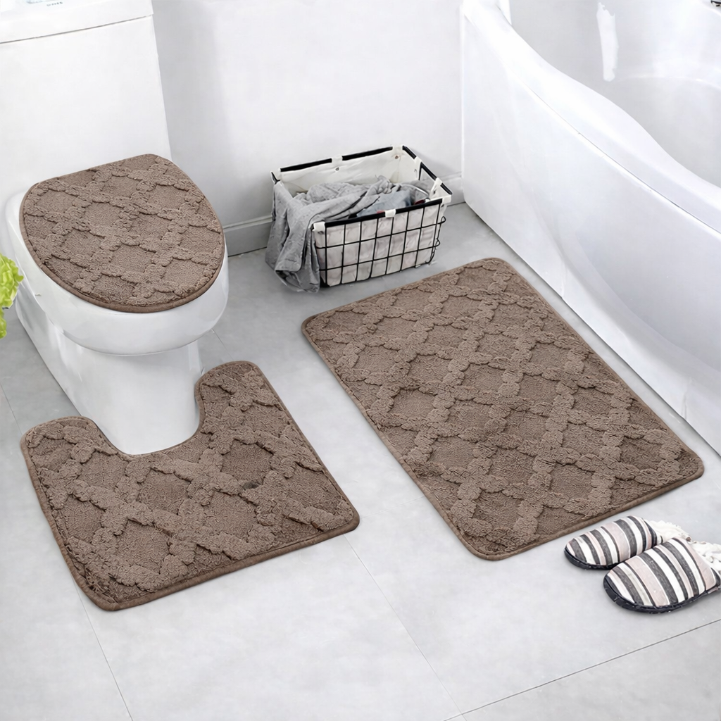 3 PCs Non Skid Suction Mat-Ash Brown Bath Mats Apricot